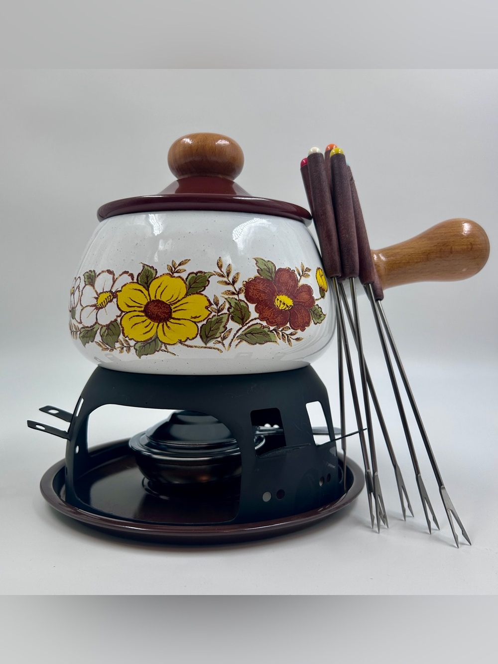 Vintage Fondue Set, Floral White Enamelled Metal Fondue Pot with Sticks & Burner